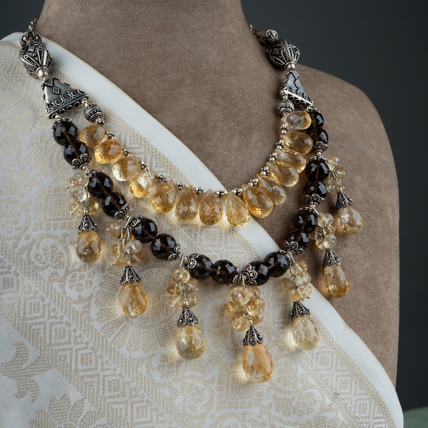 Smoky Quartz Citrine Silver Dual Layer Necklace Set