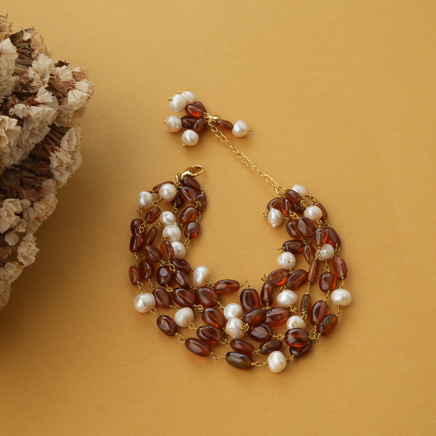 Natural Hessonite Freshwater Pearls Bracelet