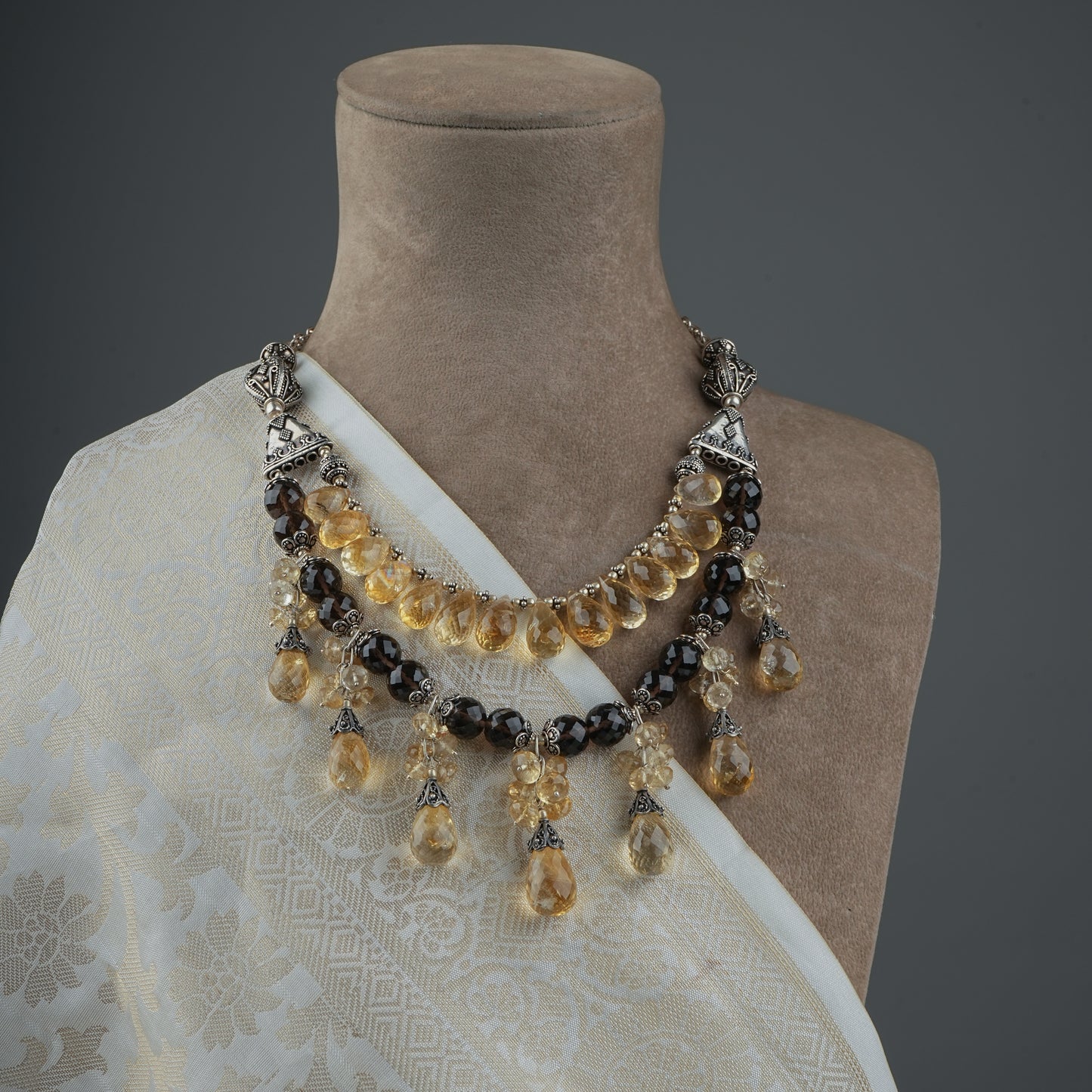 Smoky Quartz Citrine Silver Dual Layer Necklace Set