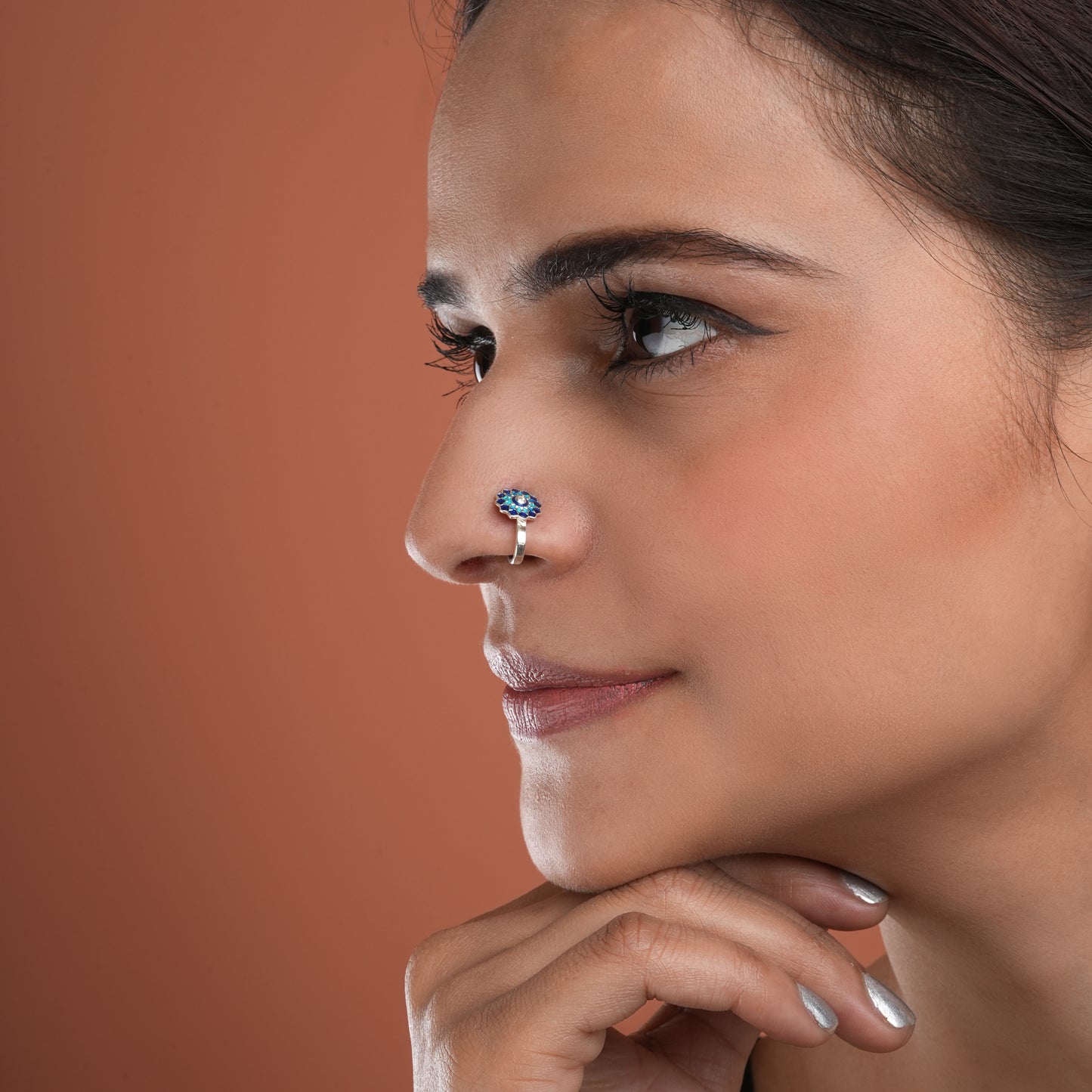 Sun Flower Spark Silver Meena Clip On Nose Pin