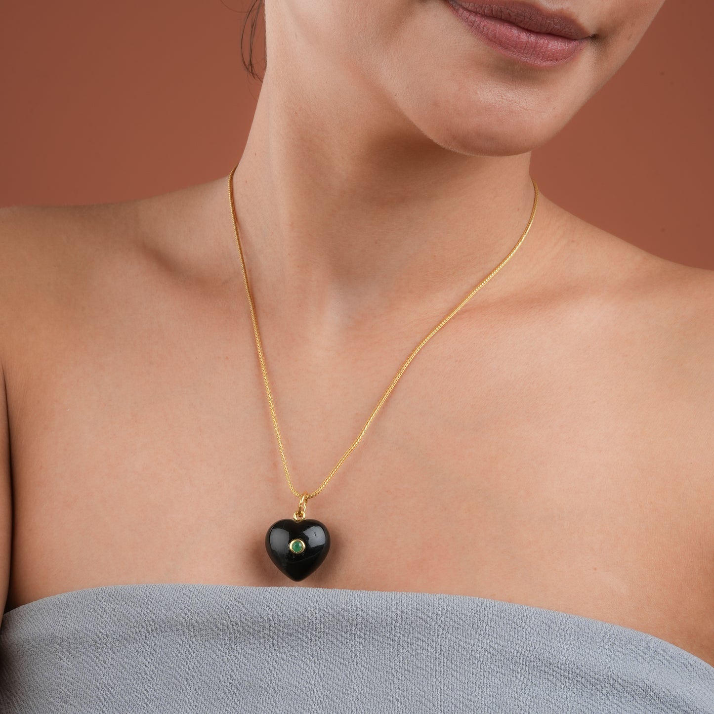 Natural Black Onyx Heart Pendant With Green Evil Eye