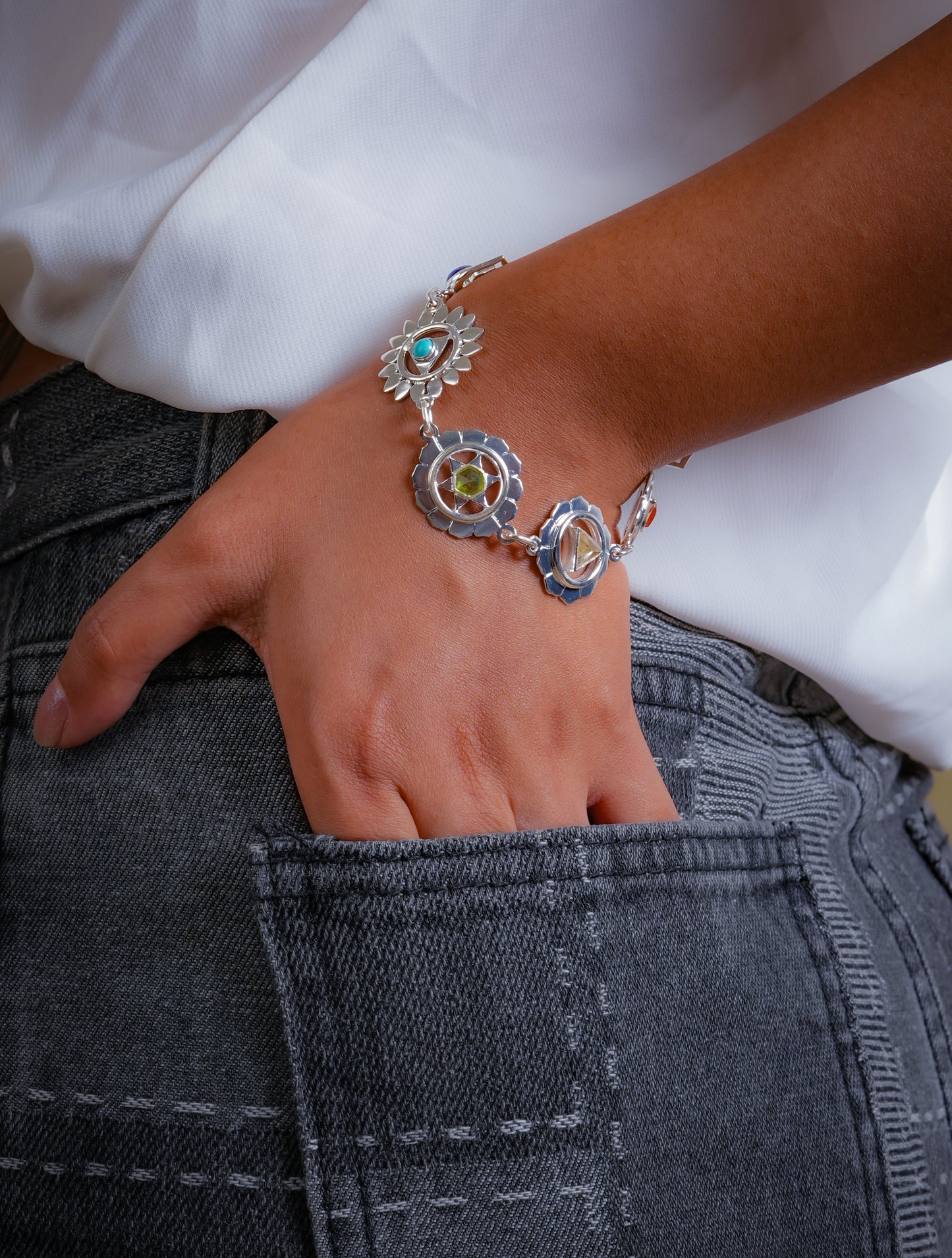 Seven Chakra Silver Bracelet