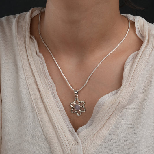 Rose Quartz Silver Flower Pendant