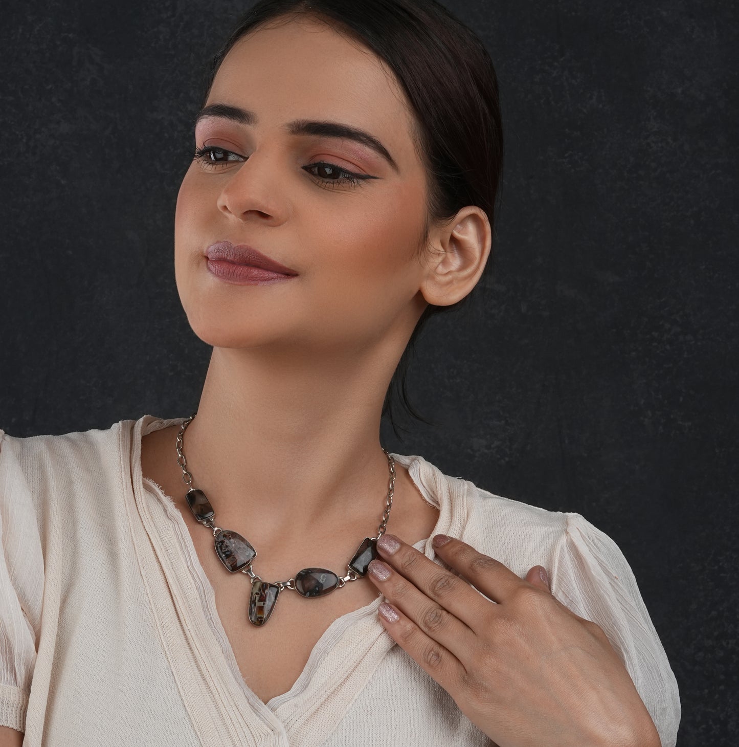 Unique Brown Agates Silver Necklace