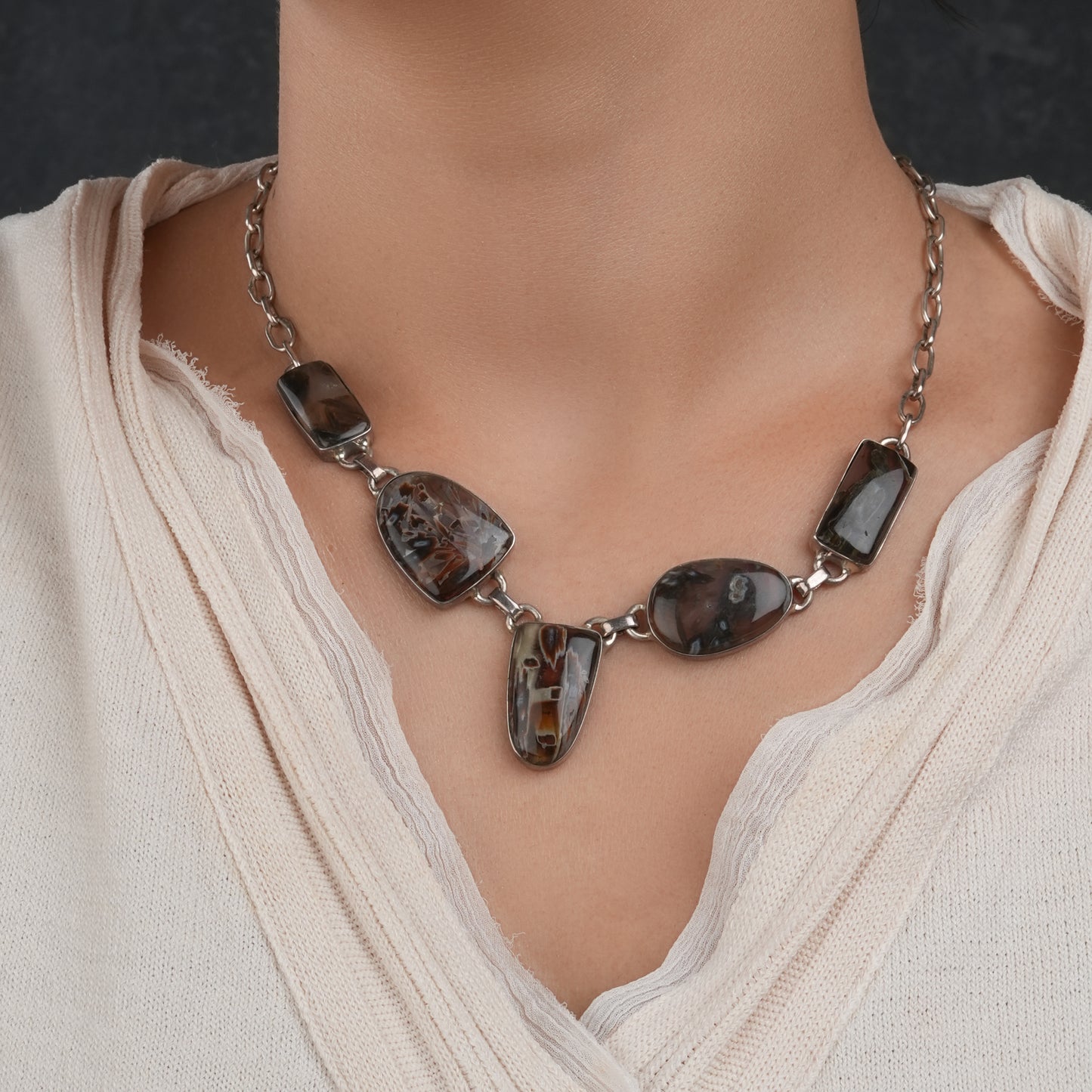 Unique Brown Agates Silver Necklace