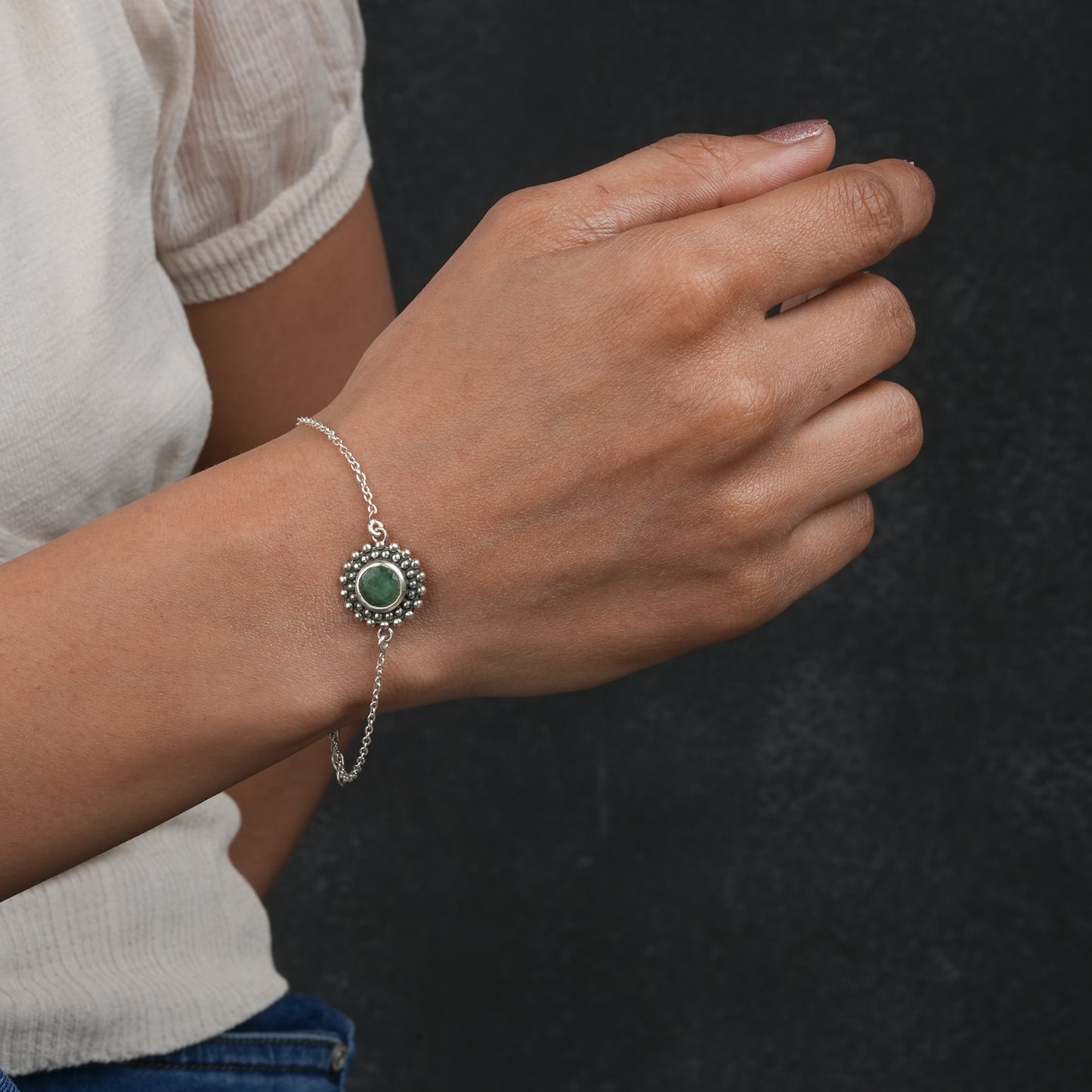 Dainty Green Onyx Silver Bracelet