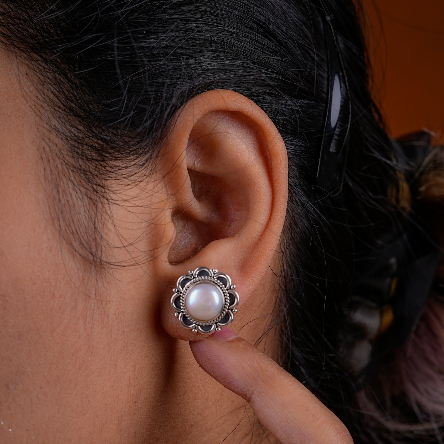 Silver Pearl Flower Studs