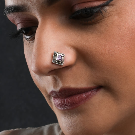 Amethyst Marcasite Square Silver Nose pin