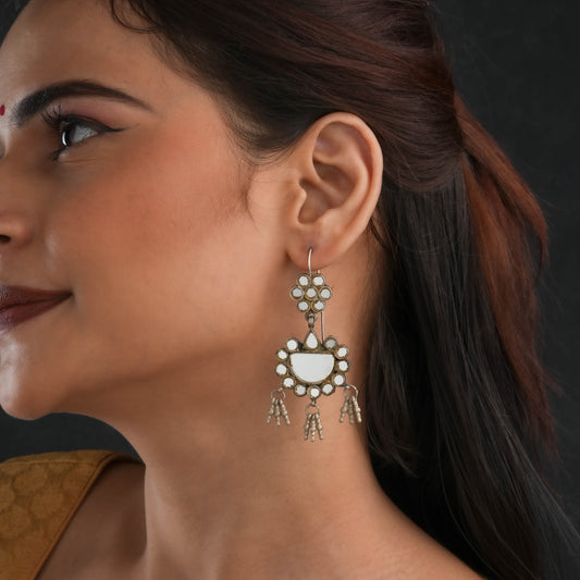 Madhu Chandrika Half Moon Mirror Silver Earrings