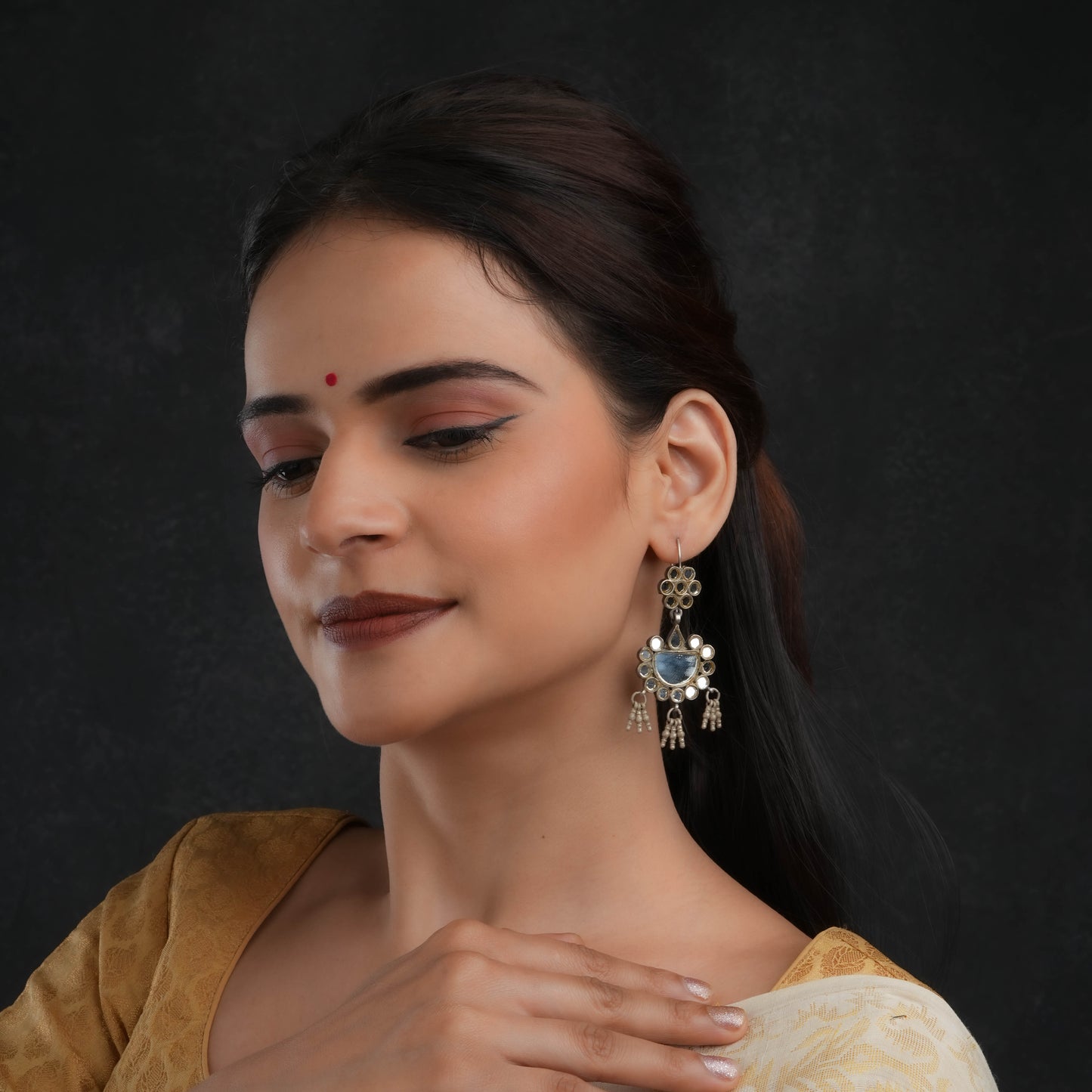 Madhu Chandrika Half Moon Mirror Silver Earrings