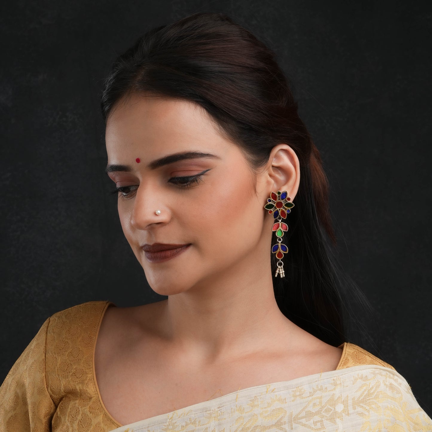 Madhu Chandrika Multi Mirror Flower Silver Earrings