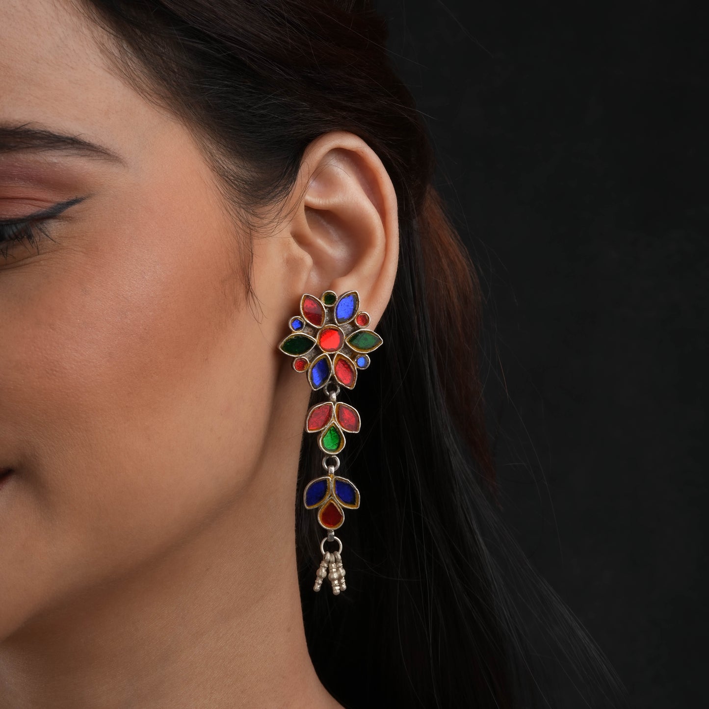 Madhu Chandrika Multi Mirror Flower Silver Earrings