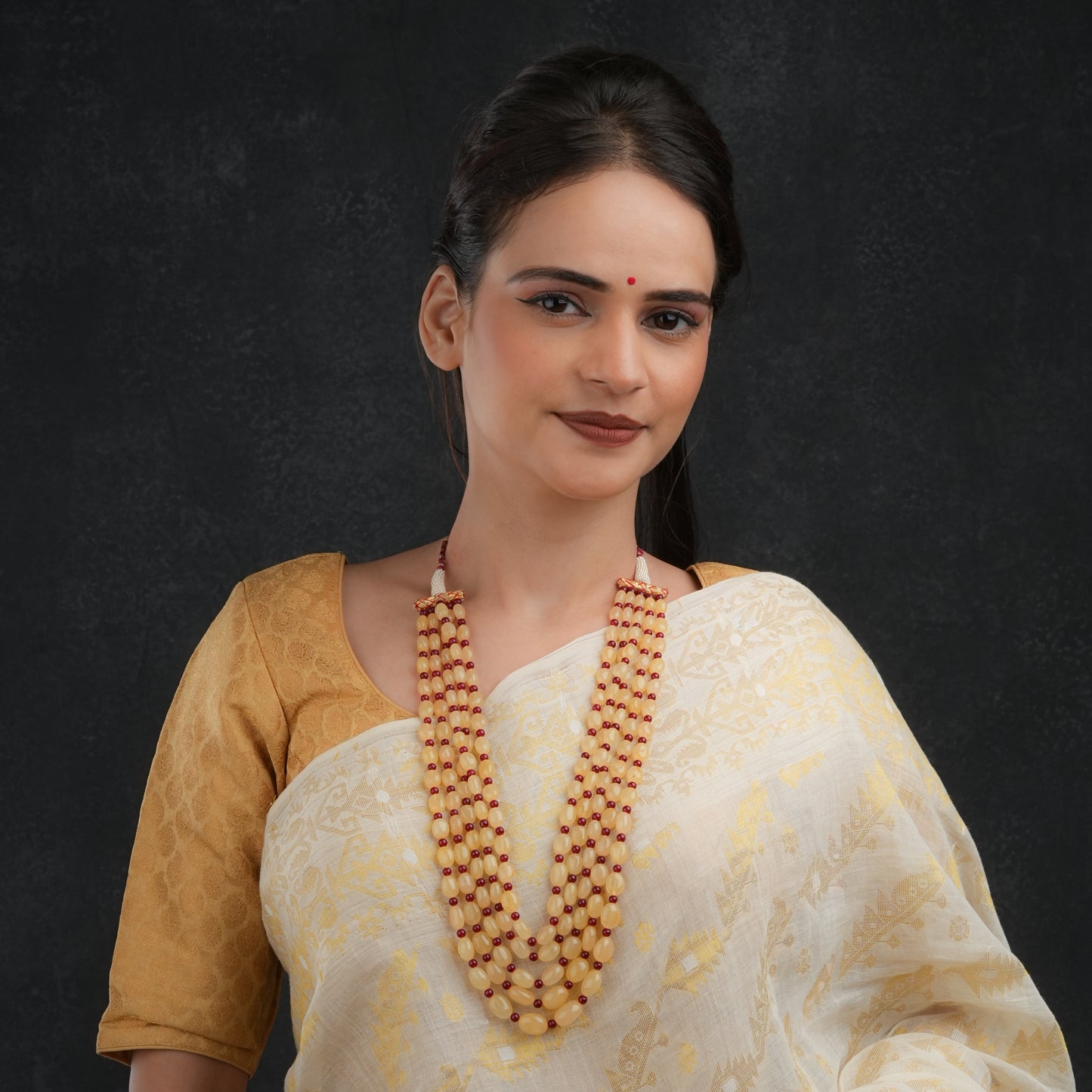 Beige And Ruby Red Multi Layered Necklace