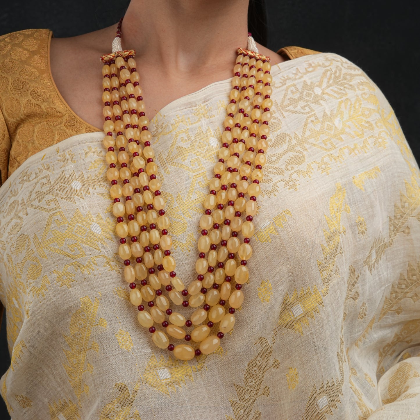 Beige And Ruby Red Multi Layered Necklace