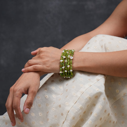 Natural Peridot And Pearls Multi Layered Bracelet