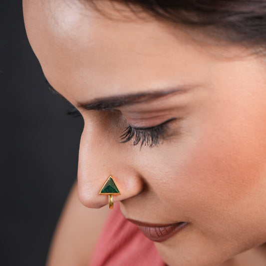 Malachite Triangle Gold Plated Silver Clip On Nose Pin