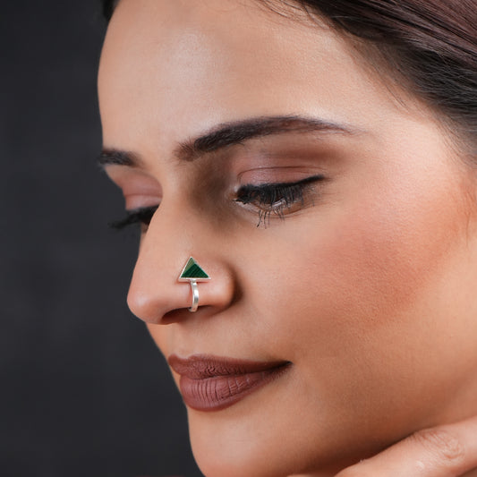 Malachite Triangle Silver Clip On Nose Pin