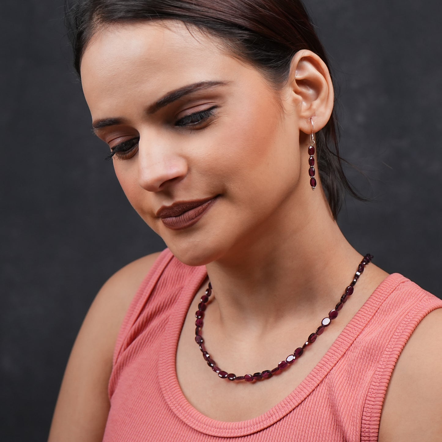Crimson Natural Garnet Single Strand Necklace Set