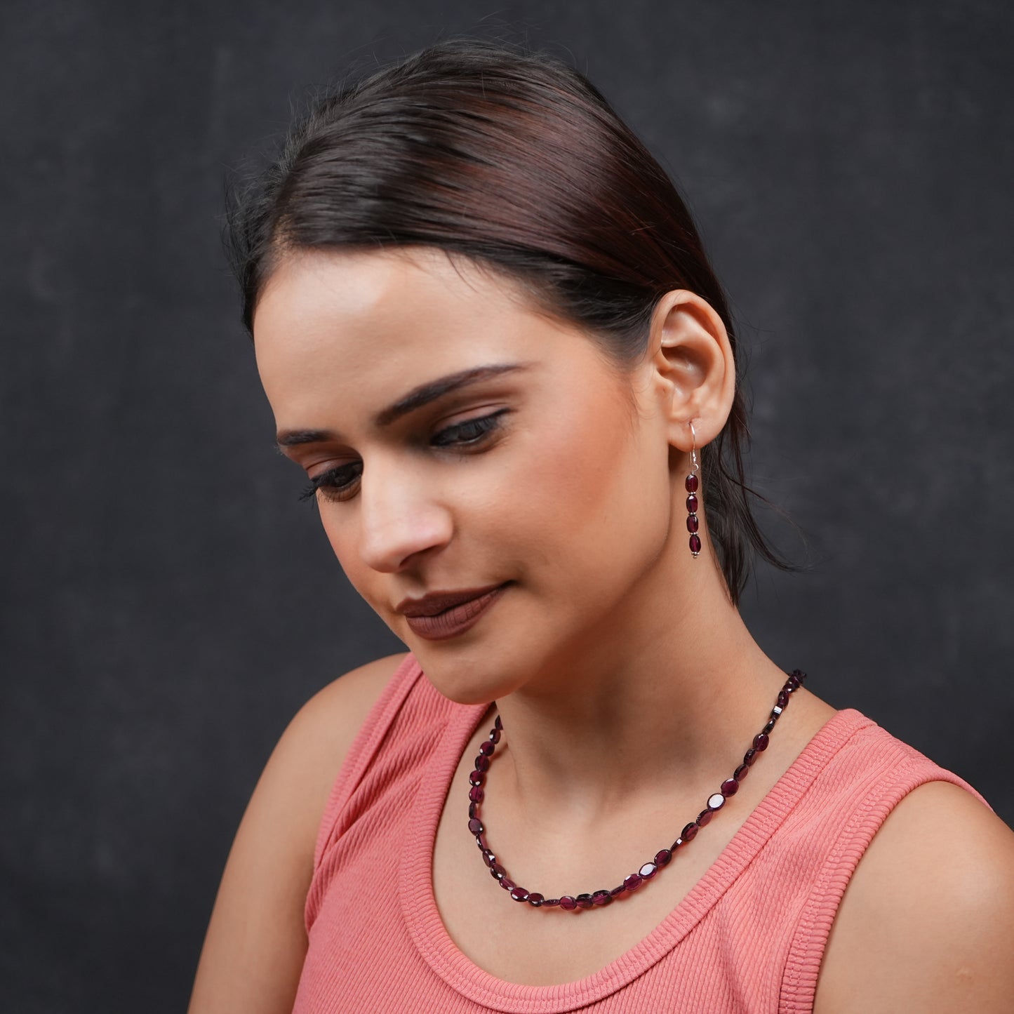 Crimson Natural Garnet Single Strand Necklace Set