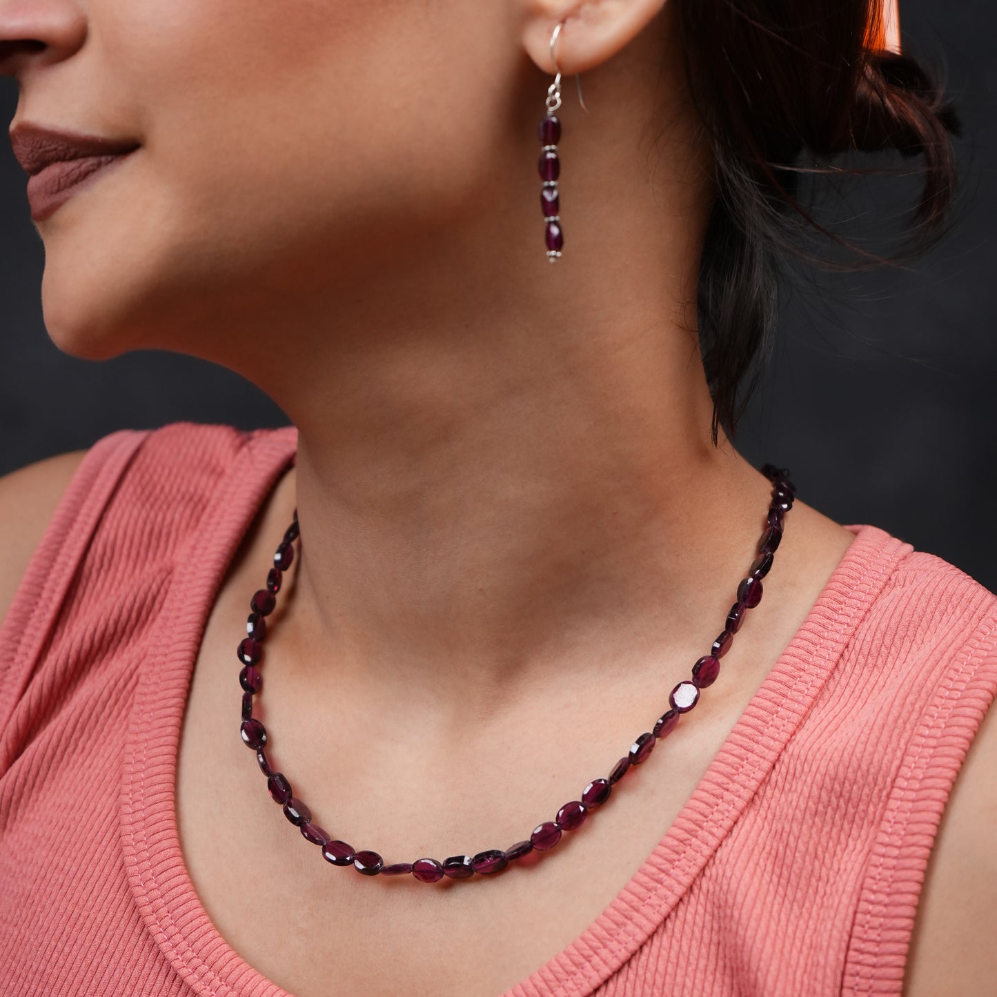 Crimson Natural Garnet Single Strand Necklace Set