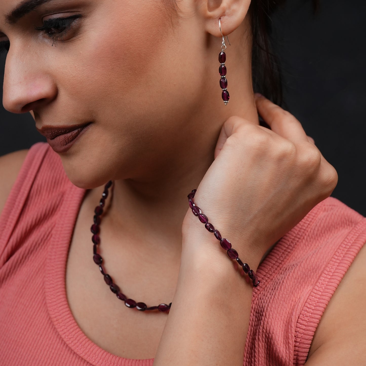 Crimson Natural Garnet Single Strand Necklace Set