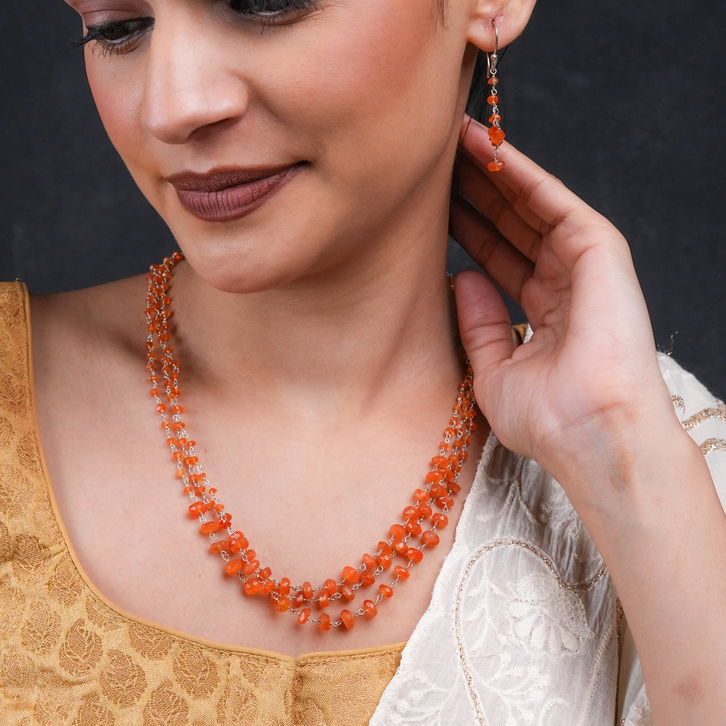 Multilayer Silver Carnelian Necklace Set