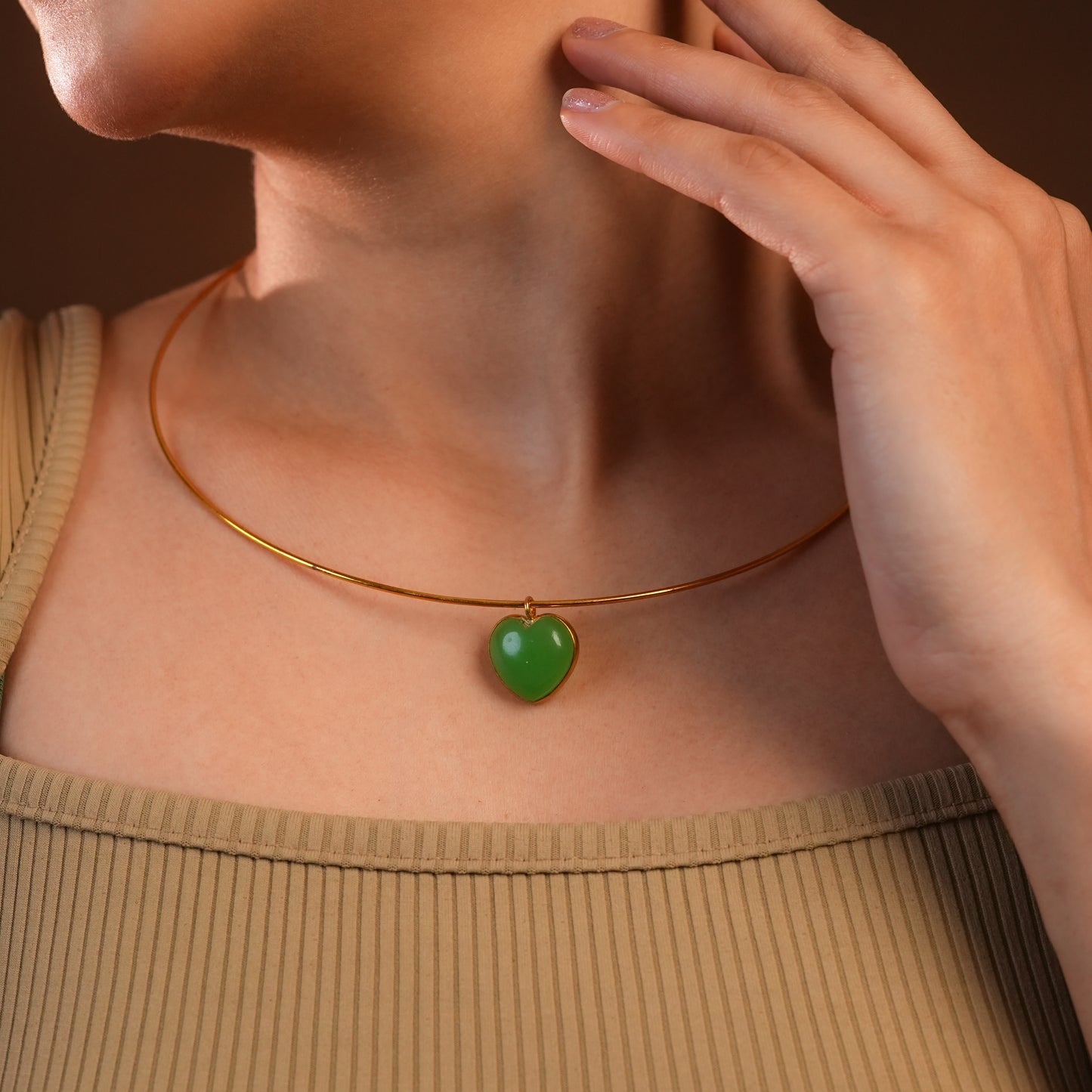 Green Onyx Heart Gold Plated Silver Hasli