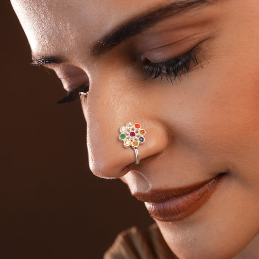 Nav Ratna Silver Clip On Nose Pin