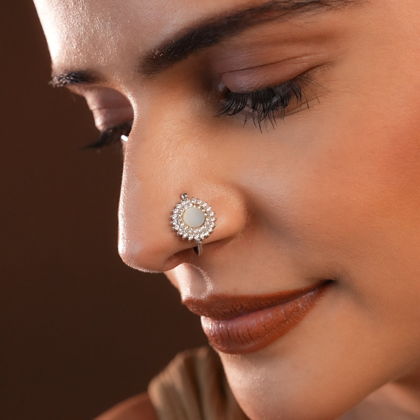 Silver CZ MOP Clip On Nose Pin