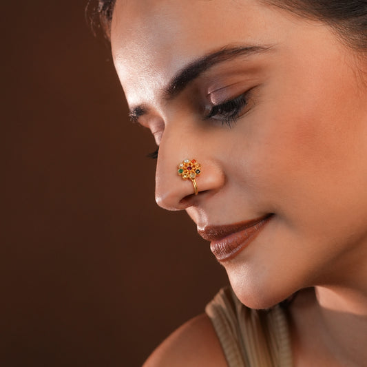 Nav Ratna Gold Plated Silver Clip On Nose Pin