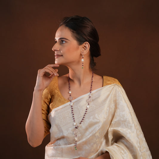 Ruby Rose Quartz Freshwater Pearls Silver Necklace