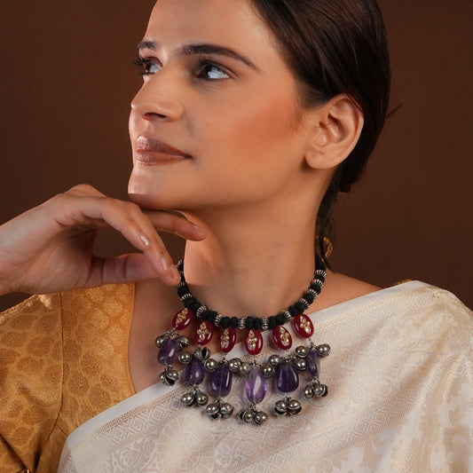 Amethyst And Pink Quartz Silver Ghunhroo Designer Necklace