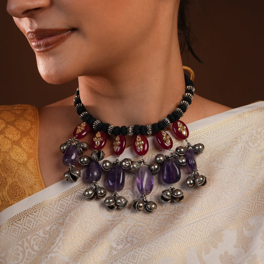 Amethyst And Pink Quartz Silver Ghunhroo Designer Necklace