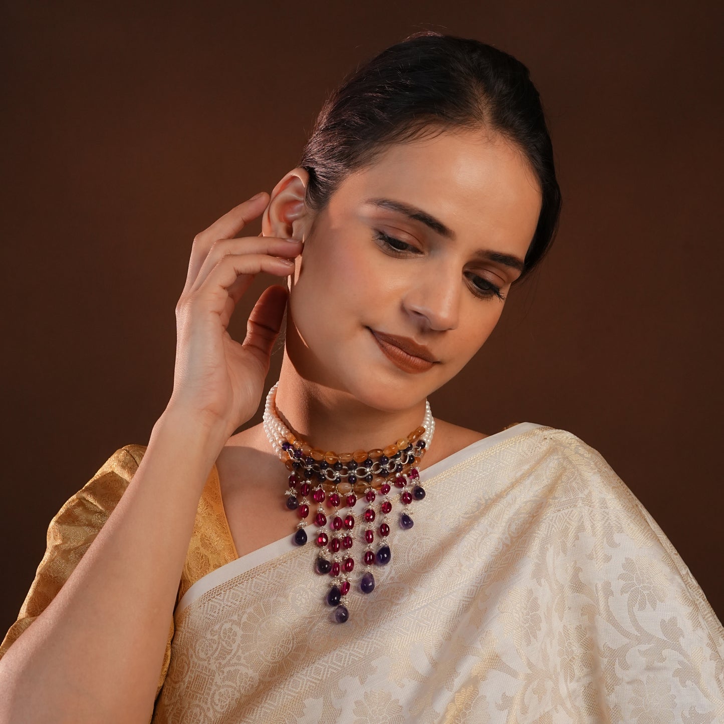 Multi Stone Pearl And Silver Designer Necklace