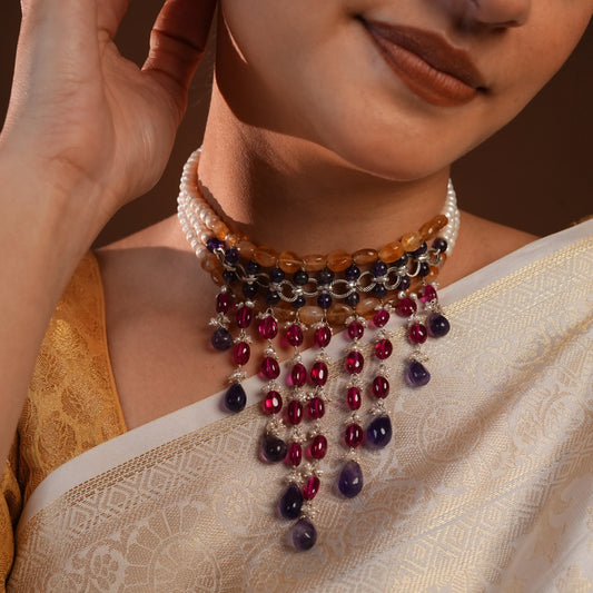 Multi Stone Pearl And Silver Designer Necklace