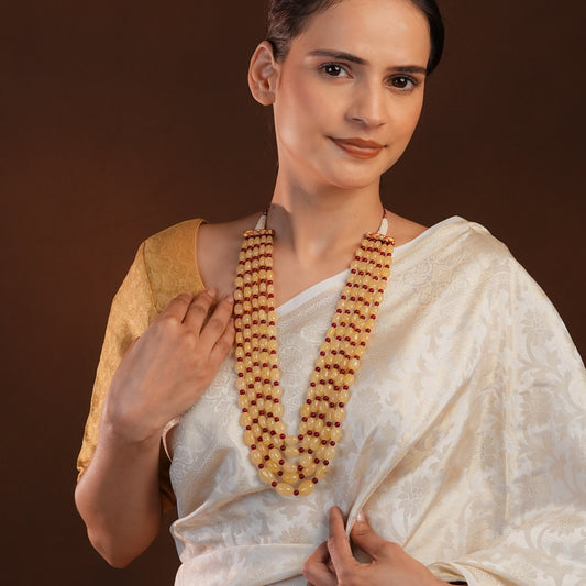 Beige And Ruby Red Multi Layered Necklace