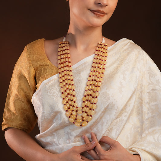 Beige And Ruby Red Multi Layered Necklace