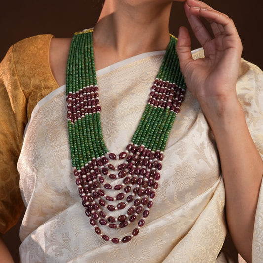 Ruby Green Onyx, Pearls Multilayered Necklace