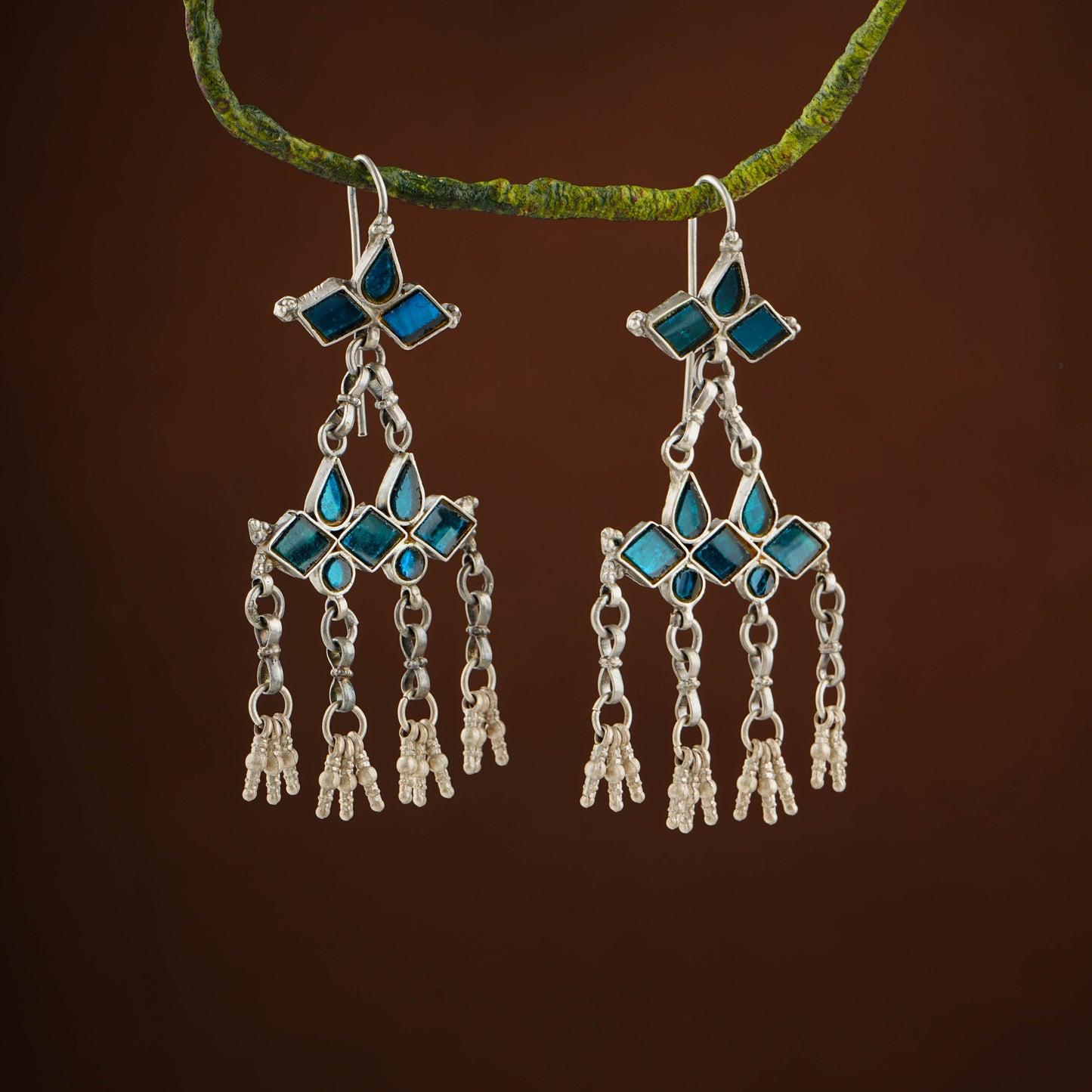 Madhu Chandrika Blue Barfi Silver Danglers