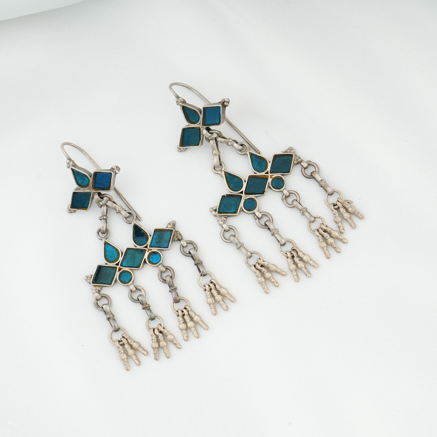 Madhu Chandrika Blue Barfi Silver Danglers
