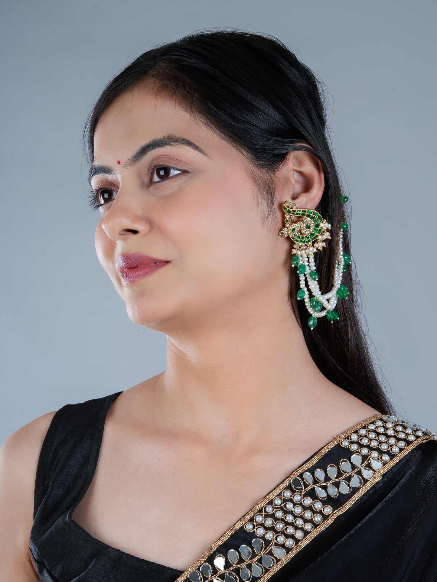 Freshwater Pearls And Emerald Green Ear Chain Pair