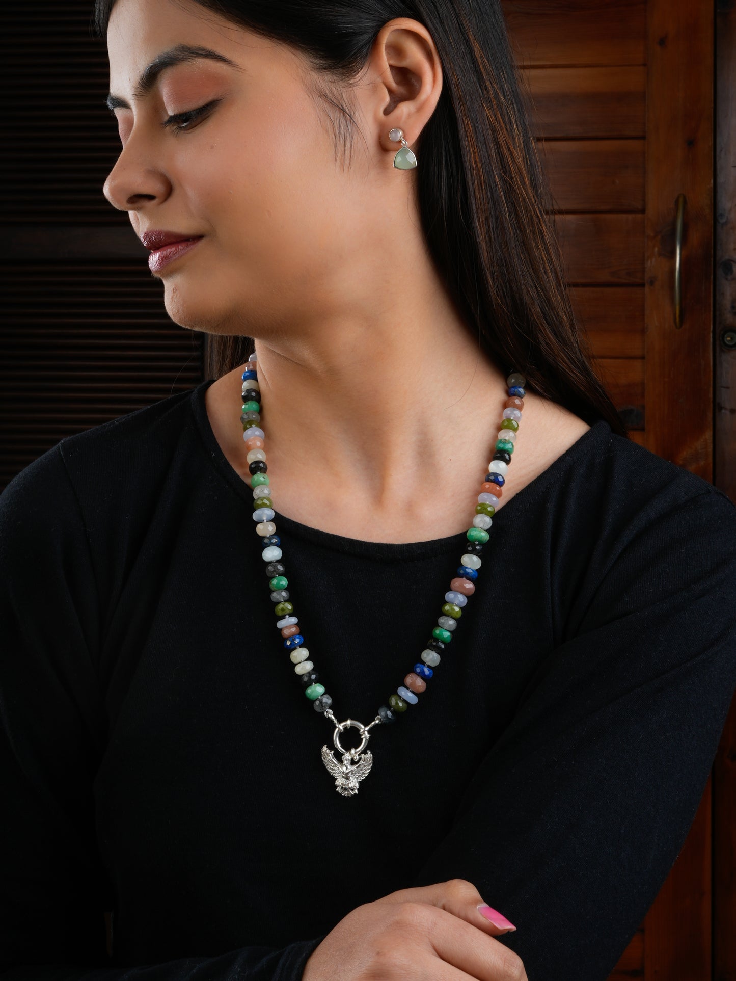 Flying Eagle Semiprecious Multi Stone Hand Knotted Necklace