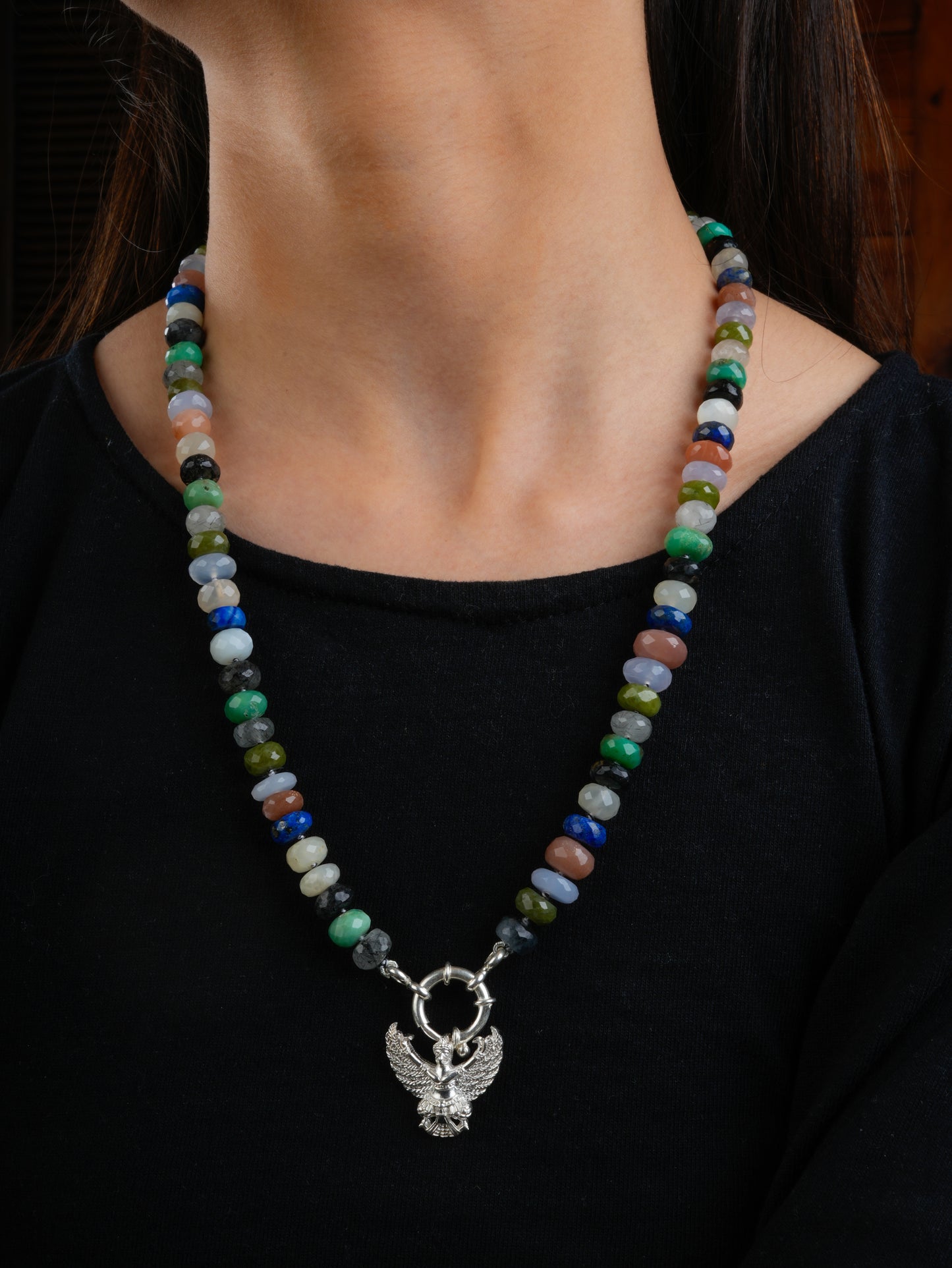 Flying Eagle Semiprecious Multi Stone Hand Knotted Necklace