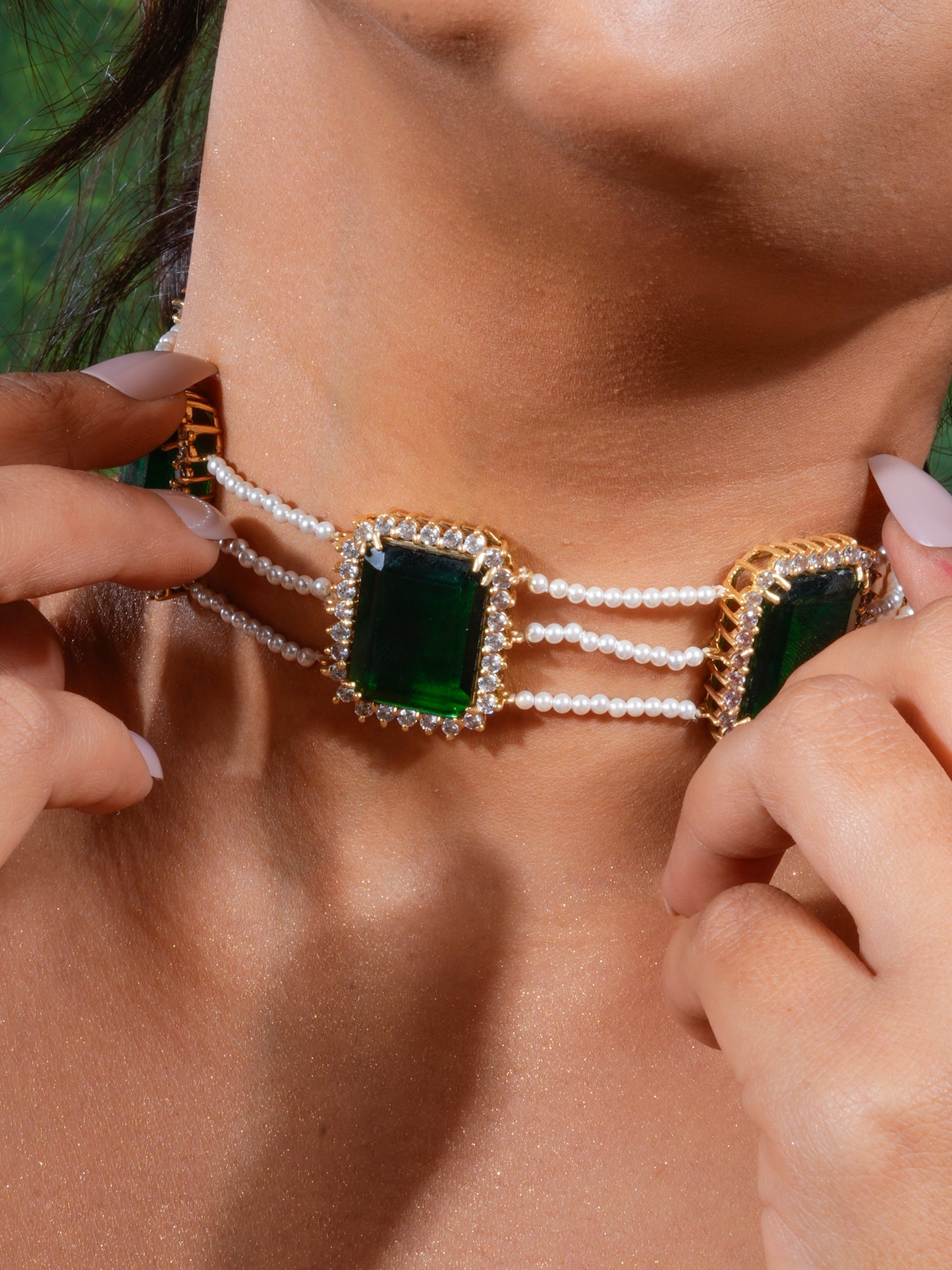 Emerald Diamond Accent Pearl Choker Set