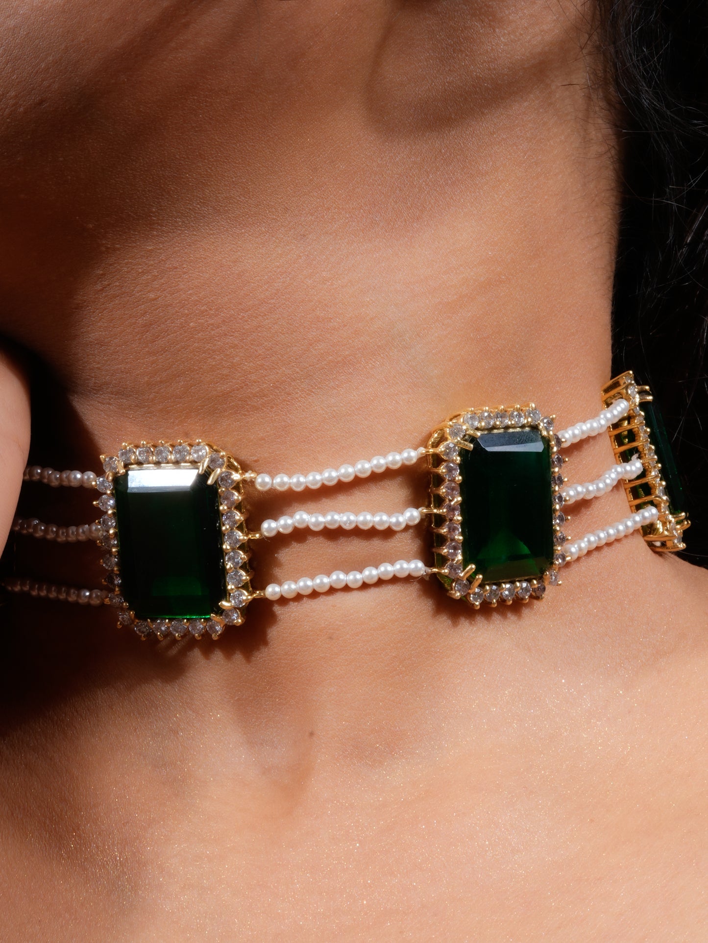 Emerald Diamond Accent Pearl Choker Set
