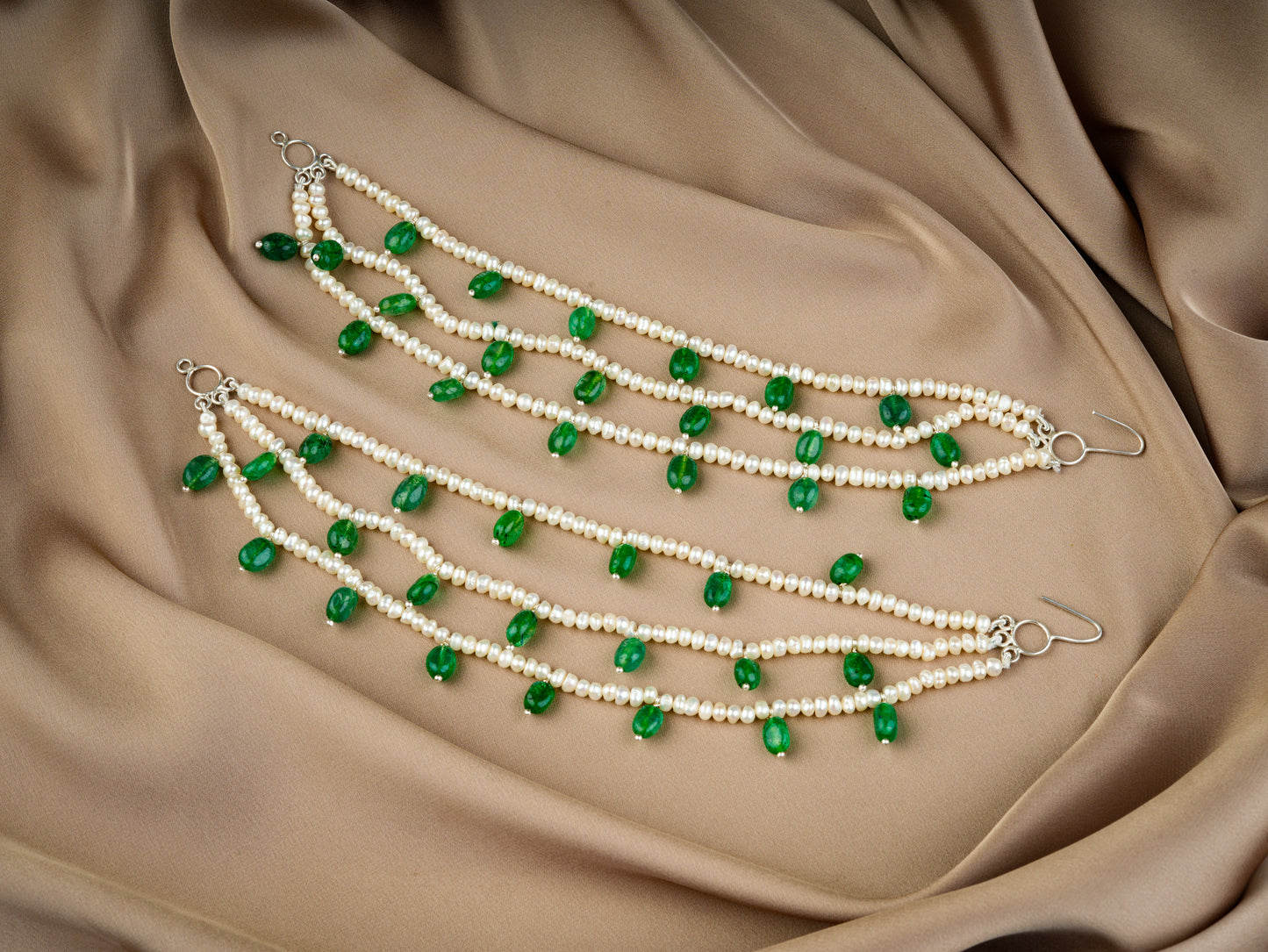 Freshwater Pearls And Emerald Green Ear Chain Pair