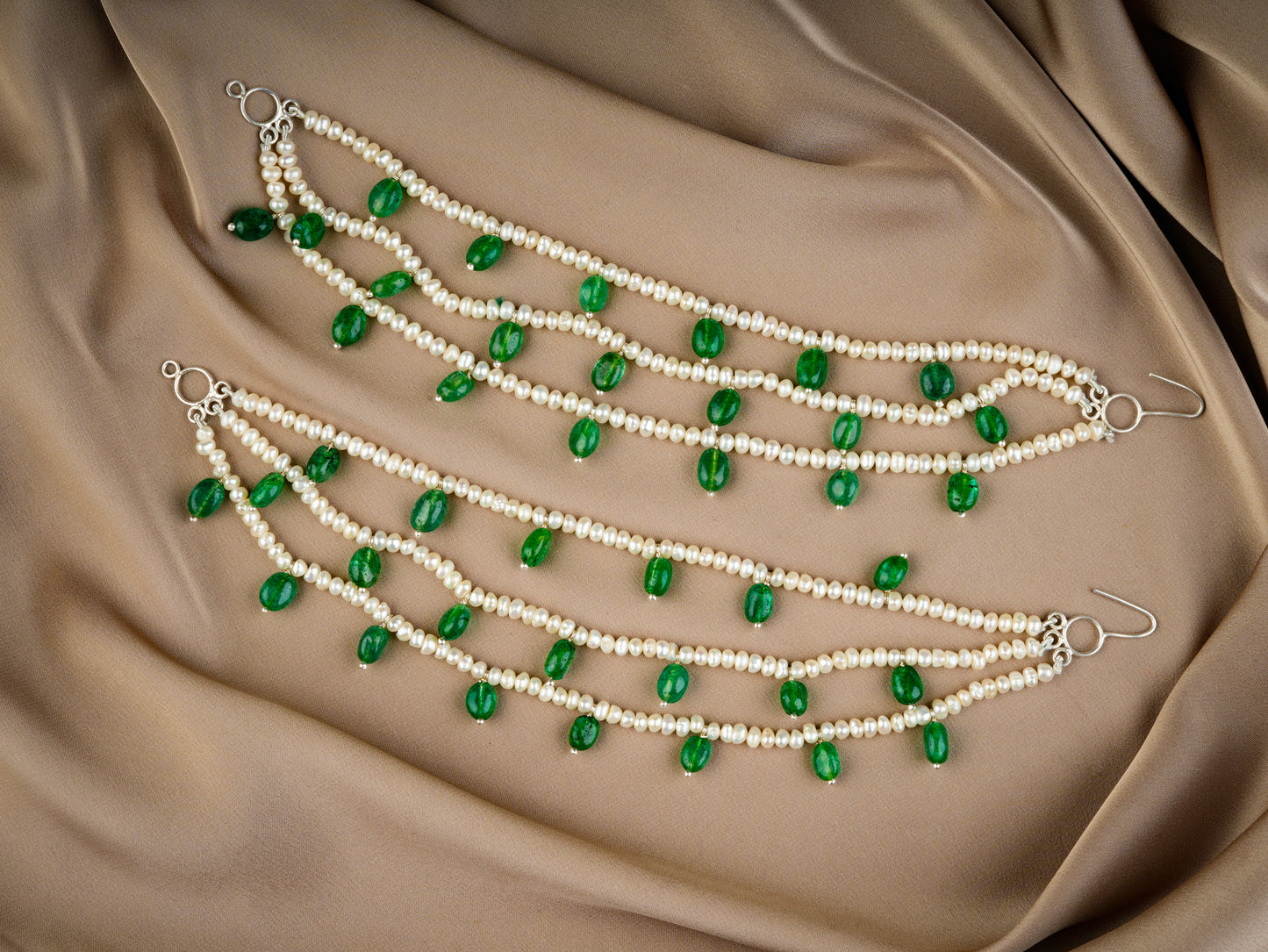 Freshwater Pearls And Emerald Green Ear Chain Pair