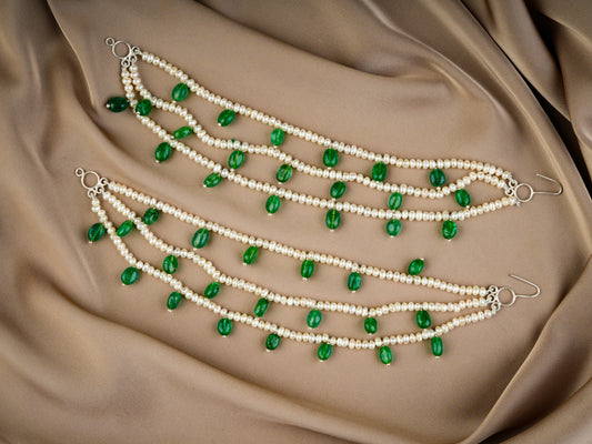 Freshwater Pearls And Emerald Green Ear Chain Pair