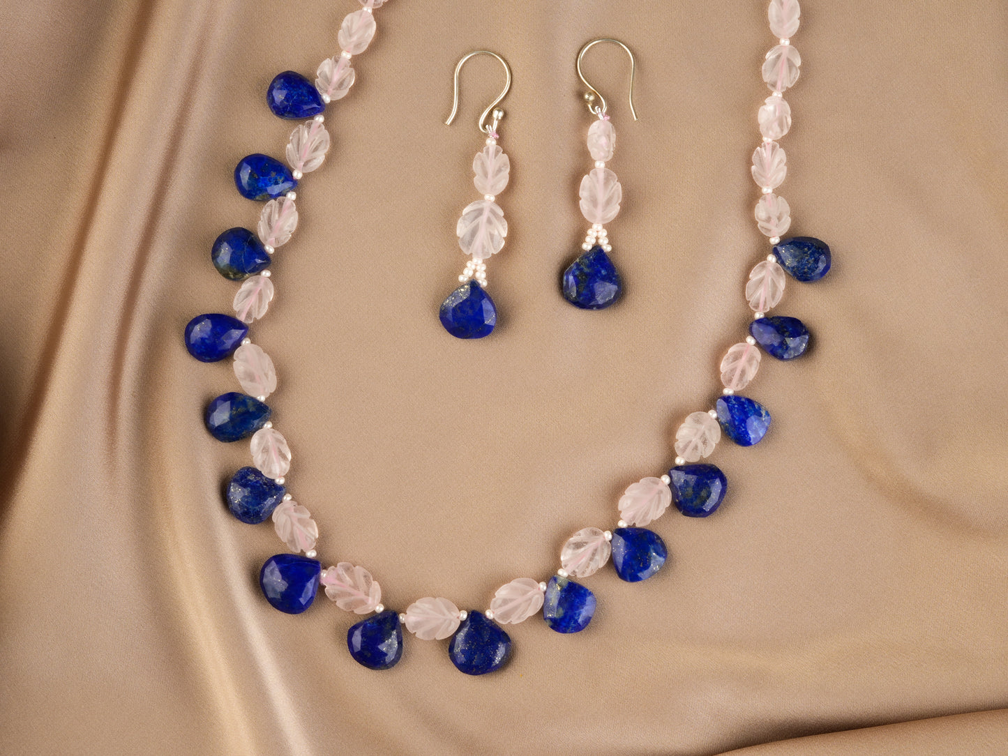 Lapis Lazuli And Rose Quartz Leaves Necklace Set
