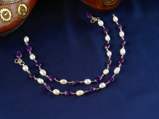 Pearl And Amethyst Unique Handmade Anklets